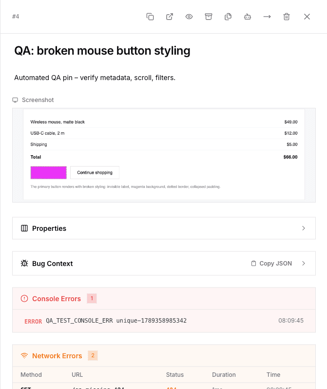 PixelFixer task detail: a pinned screenshot marks the broken button, with viewport, selector, console and network context attached automatically