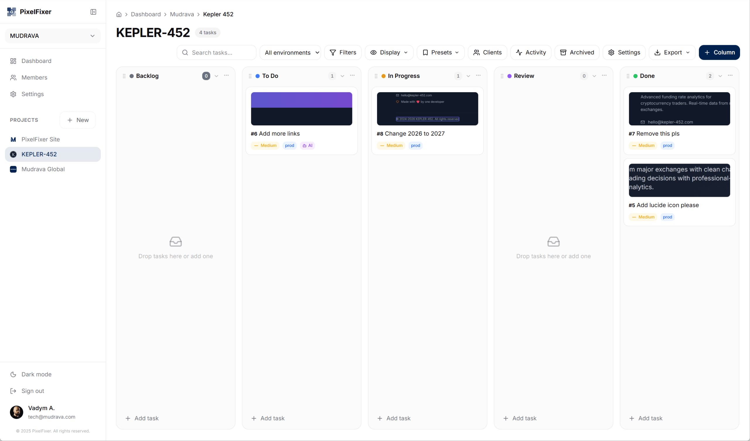PixelFixer dashboard — visual bug tracking with Kanban boards